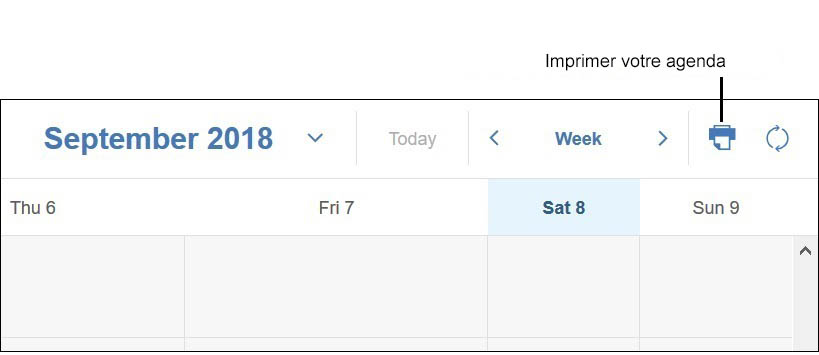 Icône d'imprimante affichée dans la vue Agenda sur une semaine.
