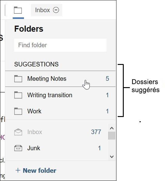 Dossiers suggérés affichés lorsque vous ajoutez ou déplacez des messages