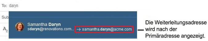 Eine Weiterleitungsadresse, die beim Adressieren einer Nachricht nach der Primäradresse angezeigt wird.