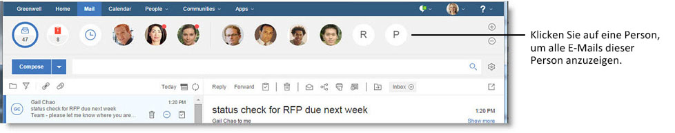 Klicken Sie auf eine Person, um alle E-Mails von dieser anzuzeigen.