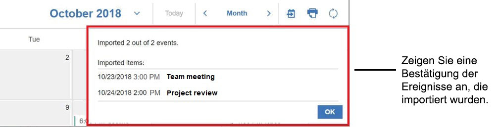 "Kalender importieren" Bestätigung