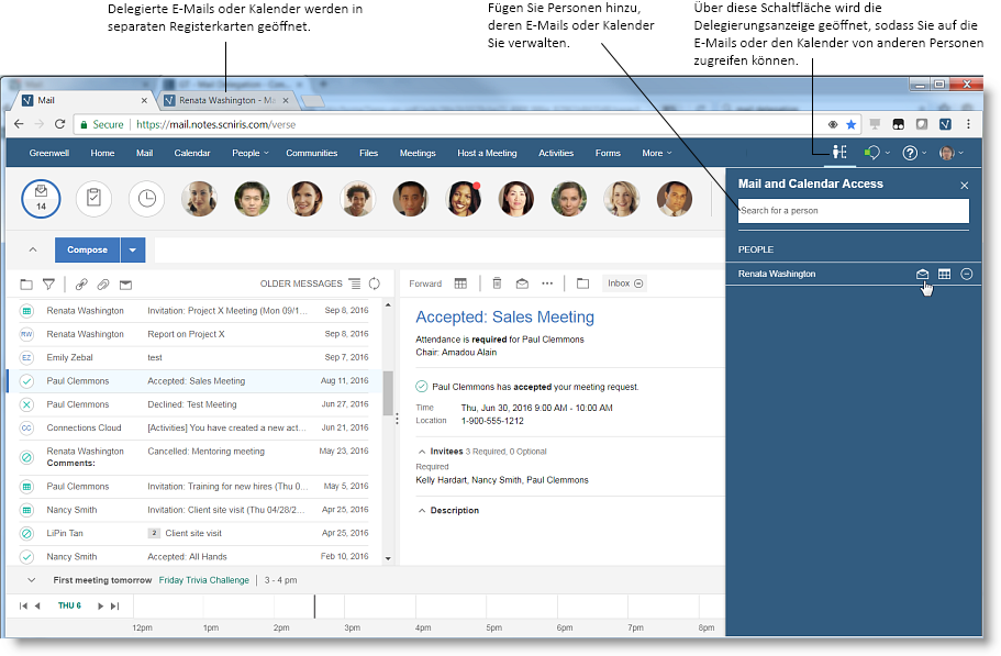 Die Schaltfläche in der Navigationsleiste öffnet die Delegierungsanzeige, in der Sie Namen hinzufügen können. E-Mail-Konten werden auf separaten Browserregisterkarten geöffnet.