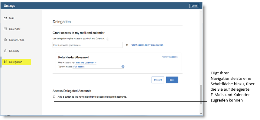 Delegierungseinstellungen mit Kontrollkästchen für das Hinzufügen einer Schaltfläche zur Navigationsleiste