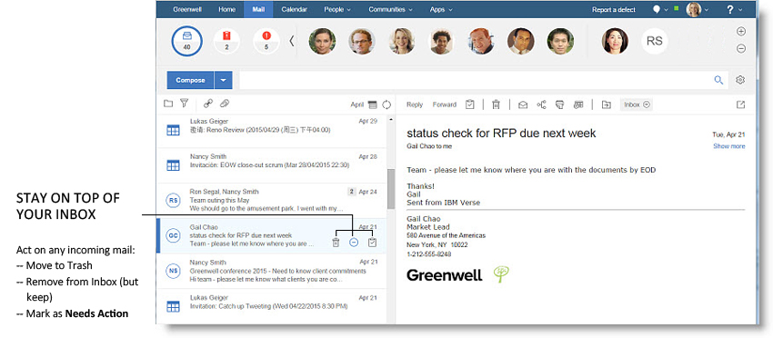 En cada correo, elija Papelera, Eliminar de la Bandeja de entrada, o Acción necesaria.