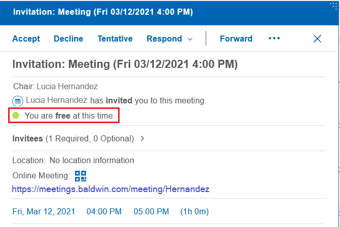 Invitación que muestra "Está libre en este momento".