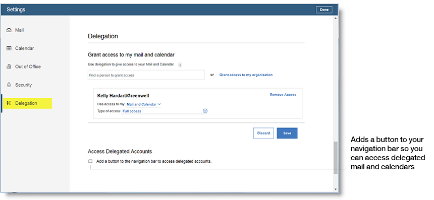 Delegation settings with checkbox for adding a button to navigation bar