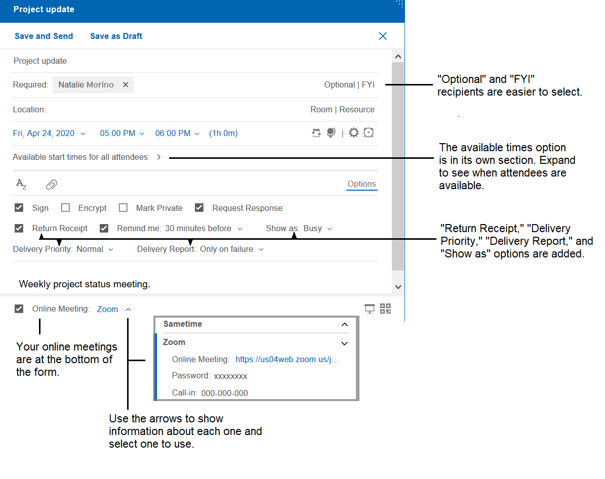 显示了日历事件表单中的改进的图形