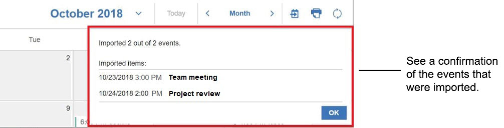 Confirmation de l'importation de l'agenda