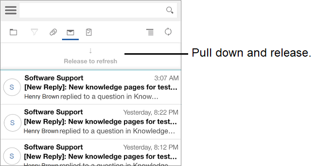 Image montrant le texte "Dérouler pour actualiser" sur un périphérique mobile.