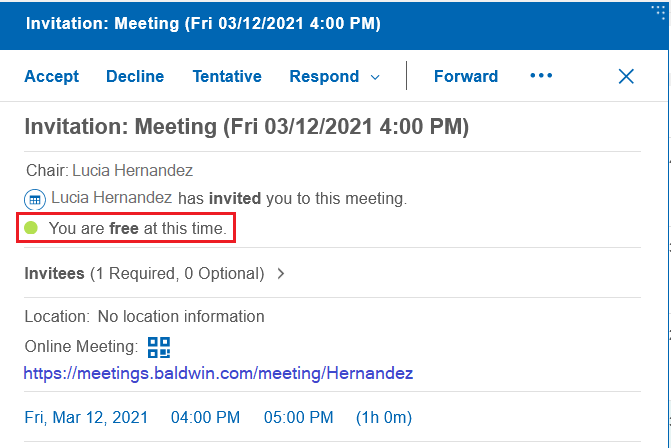 Invitation that shows "You are free at this time."