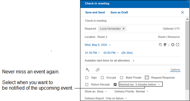 日历邀请，可使用选项设置在何时获得即将发生的事件的通知