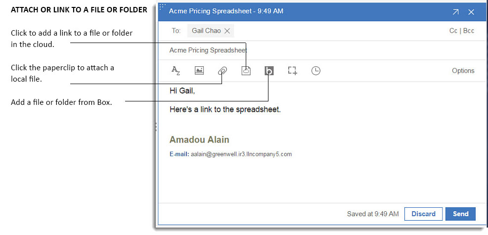 Eine Datei oder einen Ordner anhängen oder einen Link darauf setzen.