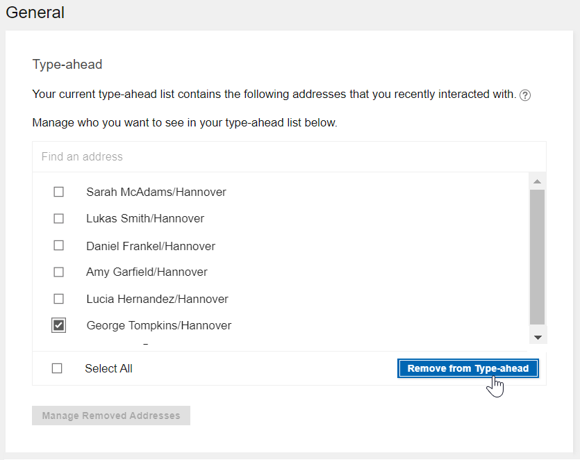 「George Tompkins/Hannover」が選択されていて、「入力補完リストから削除」 を選択する