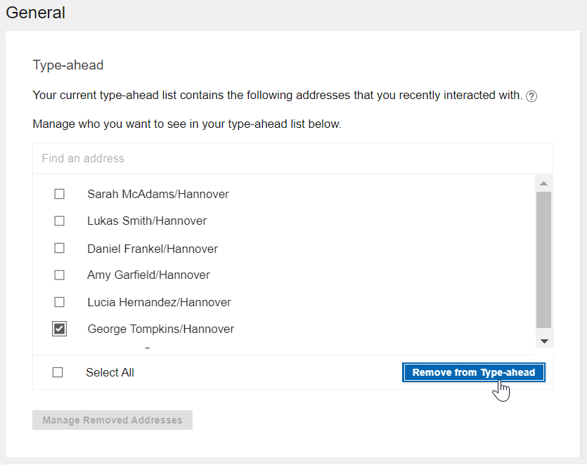 With George Tompkins/Hannover selected, select Remove from Type-ahead