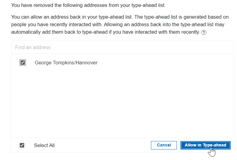 选中 George Tompkins/Hannover 后，单击“允许添加到预输入中”