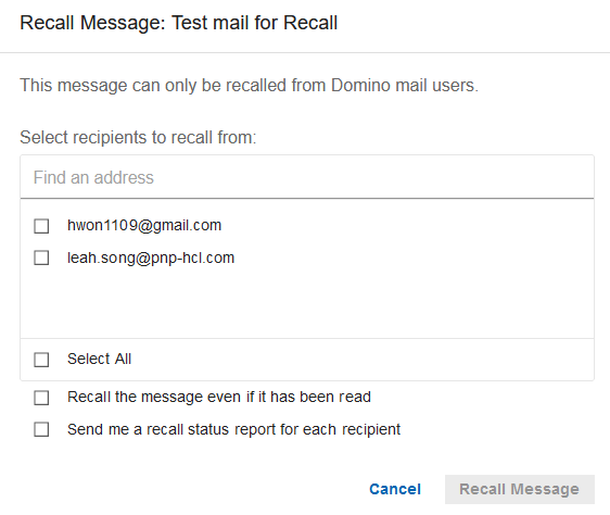 Recall message dialog