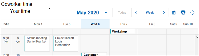 Week calendar view with coworker time zone next to your time zone