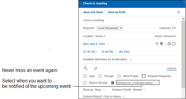 Calendar invitation with options to set when you want to be notified of the upcoming event