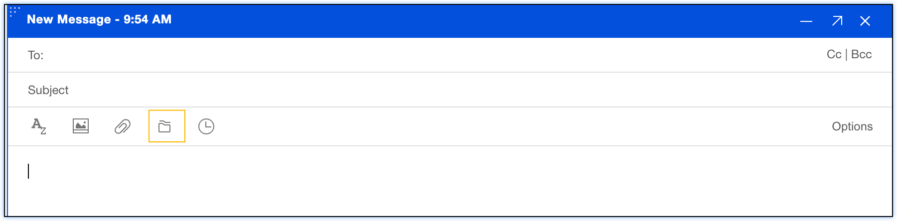 Screenshot of a toolbar below includes icons for text formatting, inserting an image, attaching a file, an attachment folder, and scheduling. The attachment folder icon is highlighted with a yellow outline, indicating it's selected or in focus. An 'Options' link appears on the right side of the toolbar, and the message body area below is blank with the text cursor positioned at the beginning, ready for composing an email.
