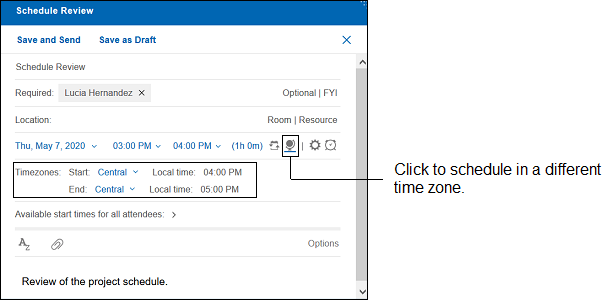 Meeting scheduled in a different time zone
