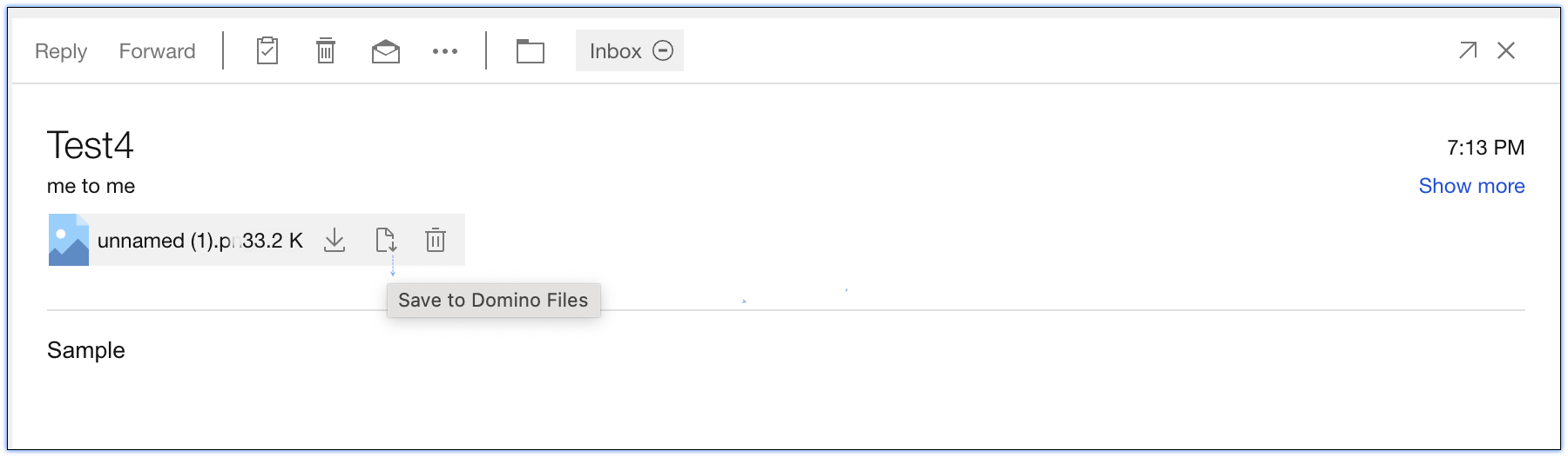Email attachment interface with a tooltip reading "Save to Domino Files".