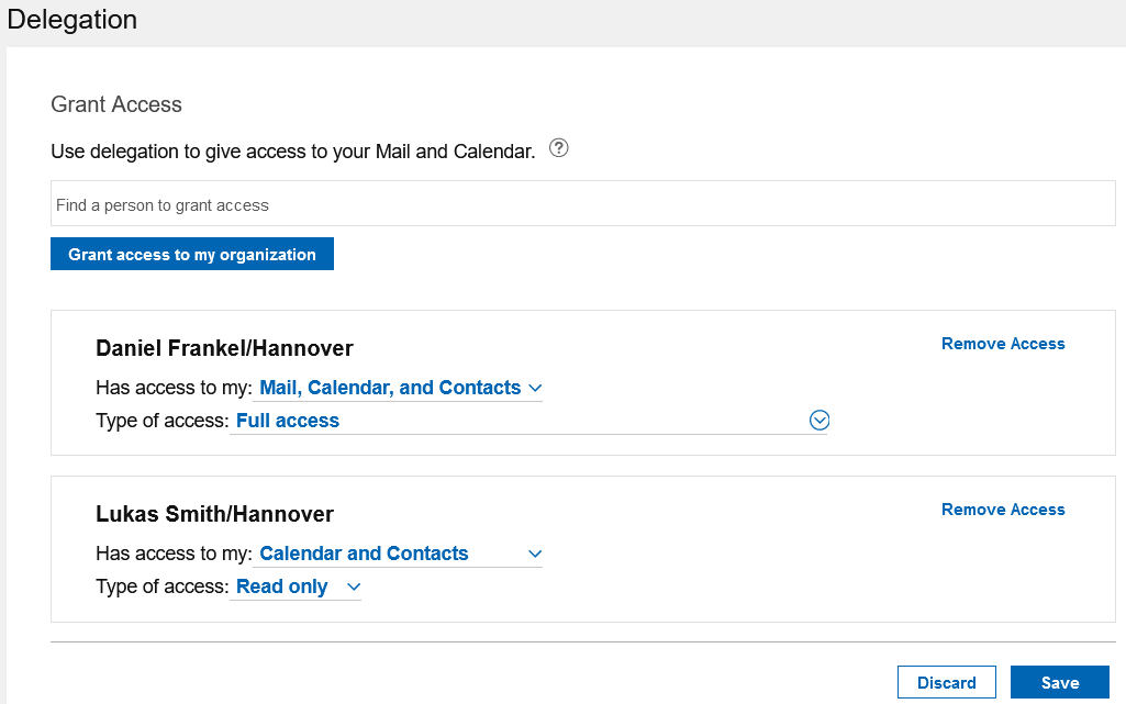 Grant Access settings for delegation