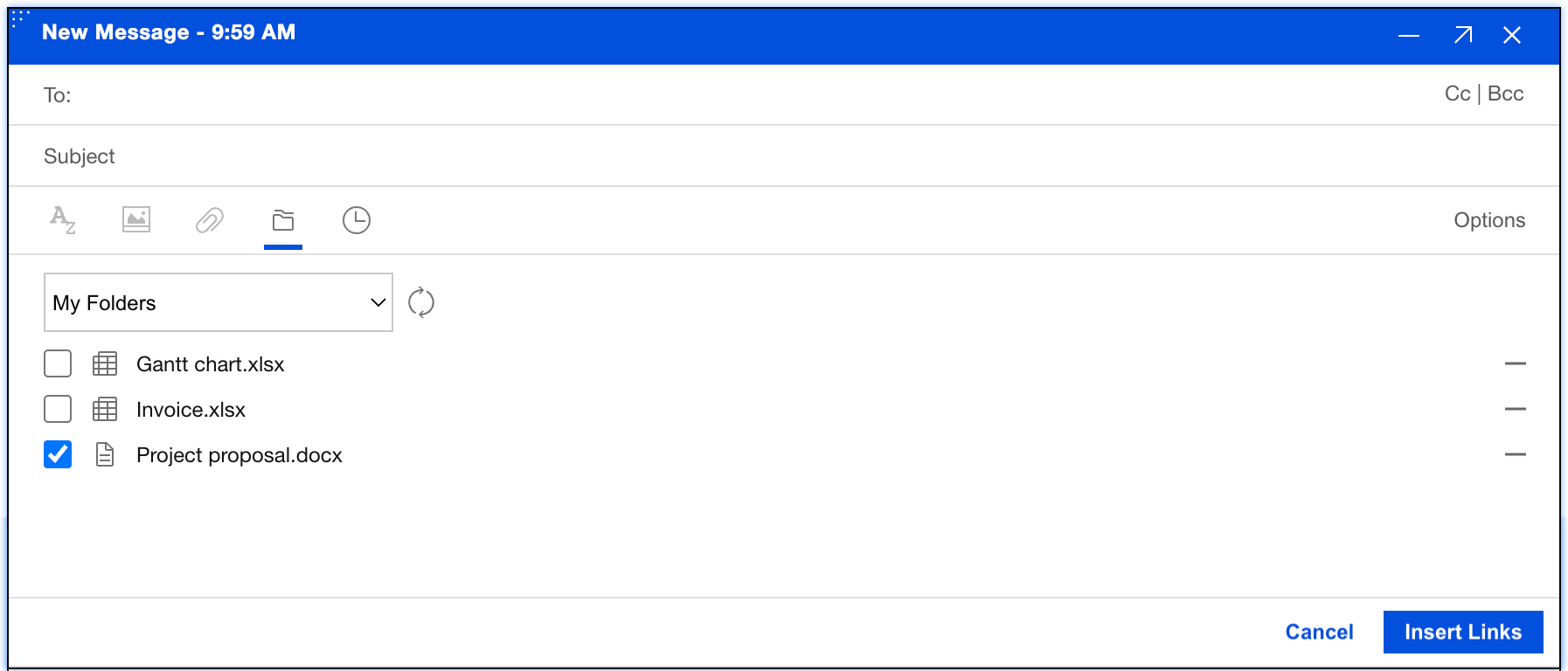 HCL Verse "New Message" window showing the "Insert Links" menu open. A file named "Project proposal.docx" is selected from "My Folders" to be linked.