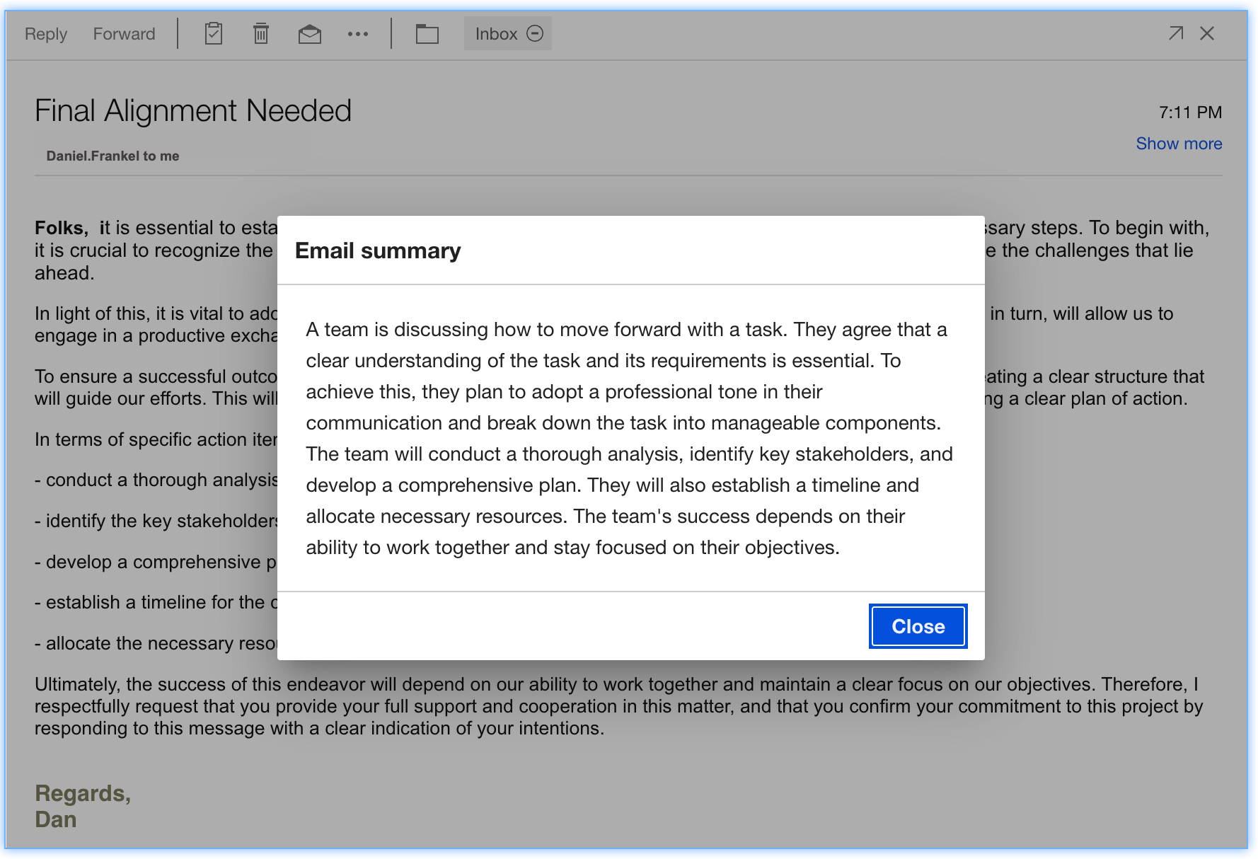 this the image of the summarized email from the sender.