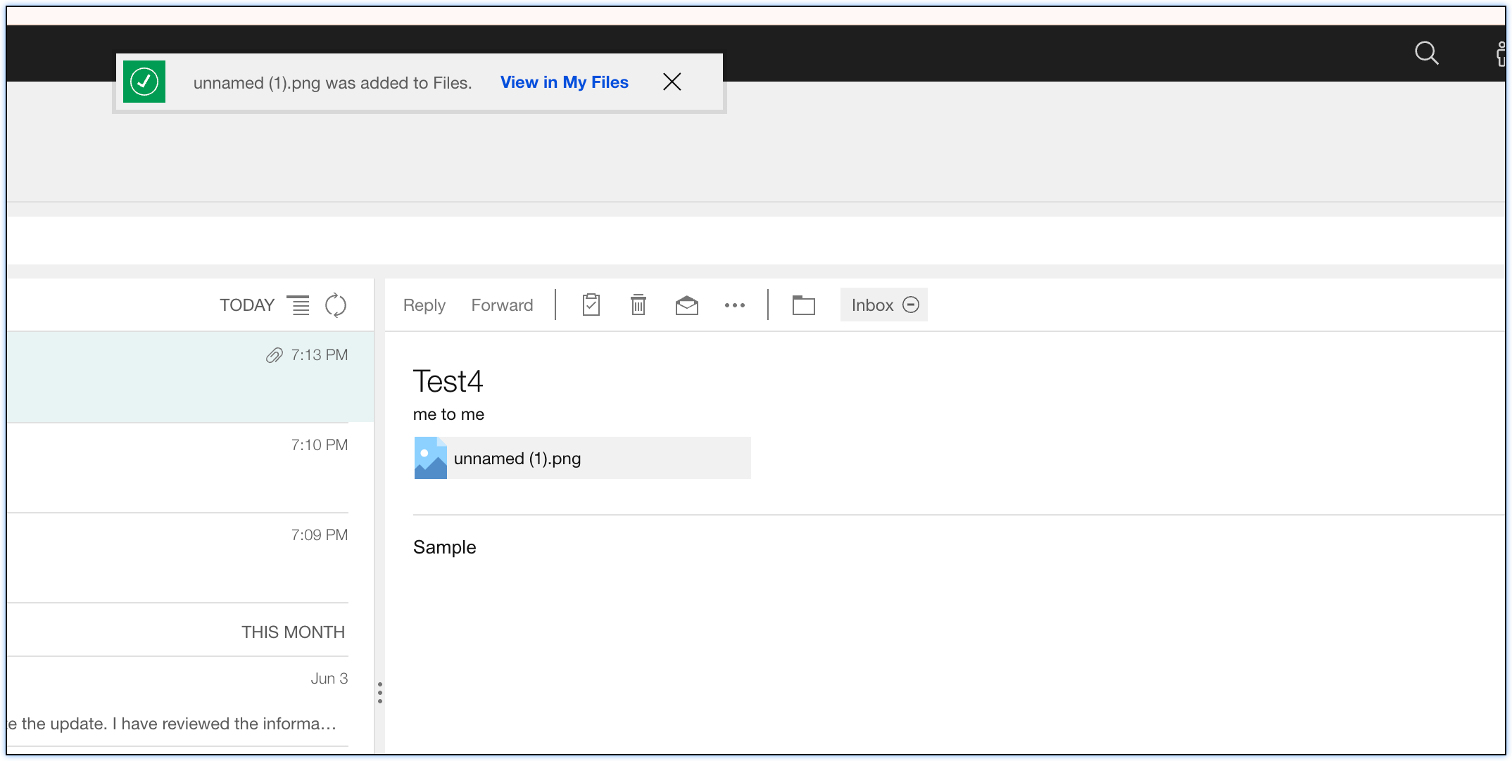 Screenshot of an email interface showing a notification banner that reads "unnamed (1).png was added to Files" with a "View in My Files" link..
