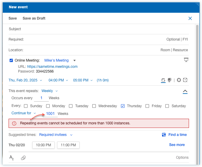 Image of a meeting event which can not be scheduled for more than 1000 instances.