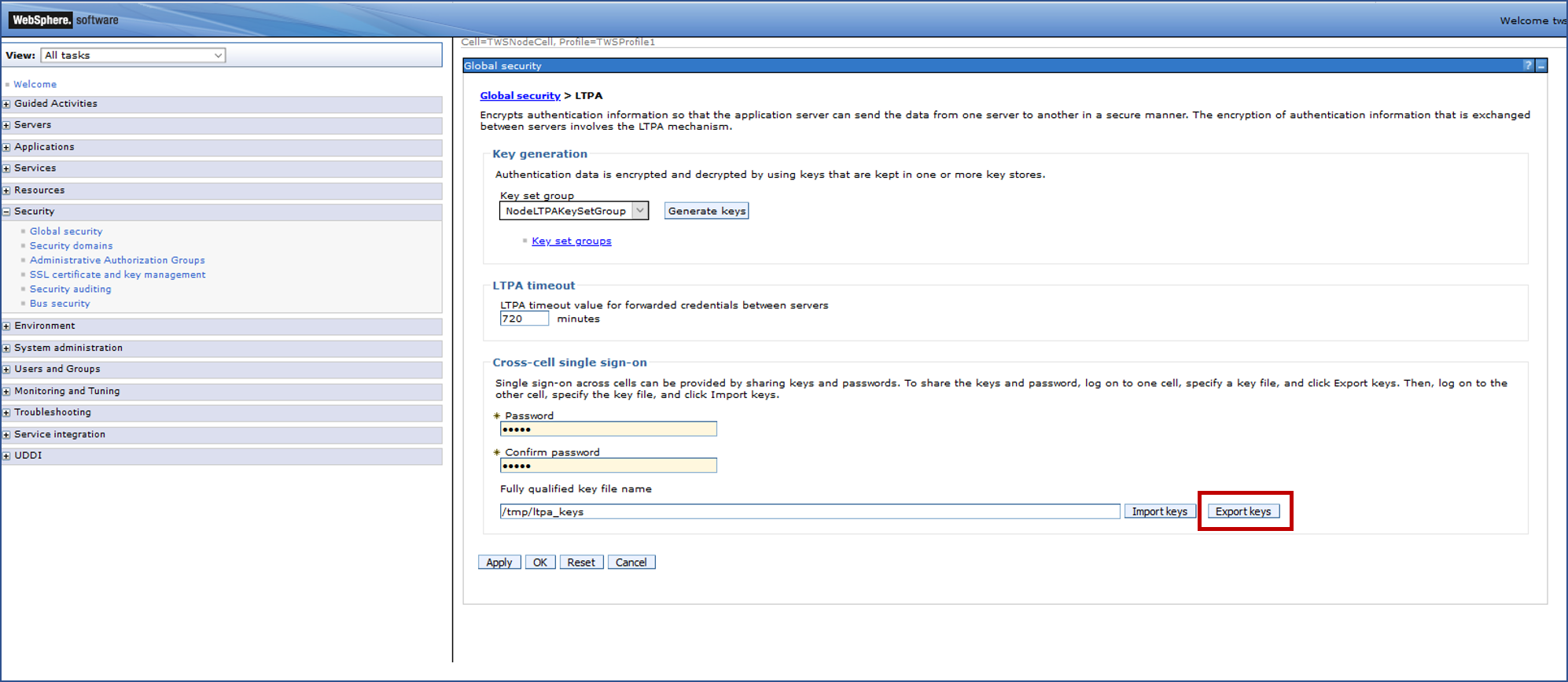 Export of the ltpa keys file