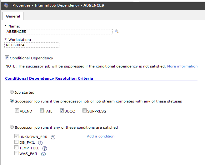 Properties of an internal job dependency showing the conditions that were previously set in the job definition