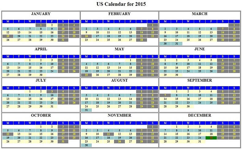 The complete American calendar for year 2015