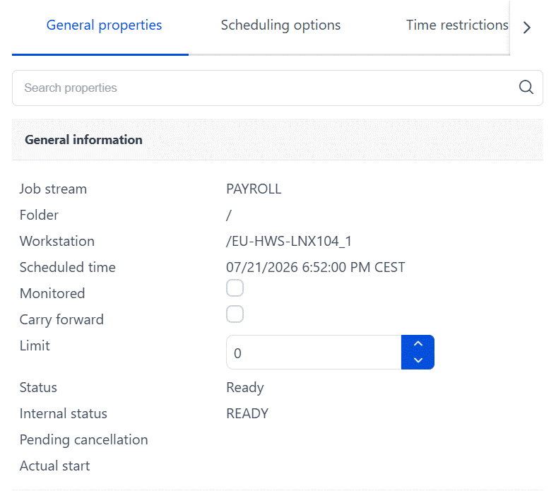 The job stream properties as available in the Dynamic Workload Console.