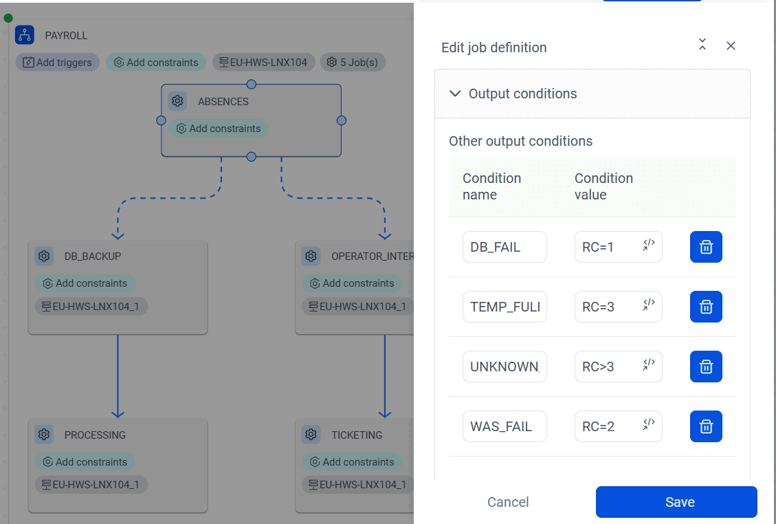 Job properties General Information tab displaying other output conditions set in the job definition.