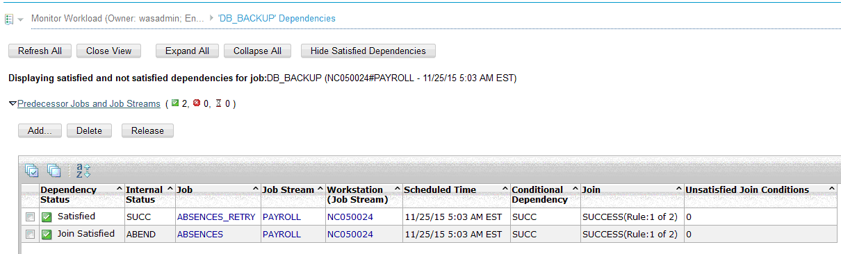 Information about join conditional dependencies in Dynamic Workload Console.