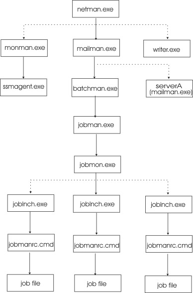 This picture displays the HCL Workload Automation process tree in Windows workstations.