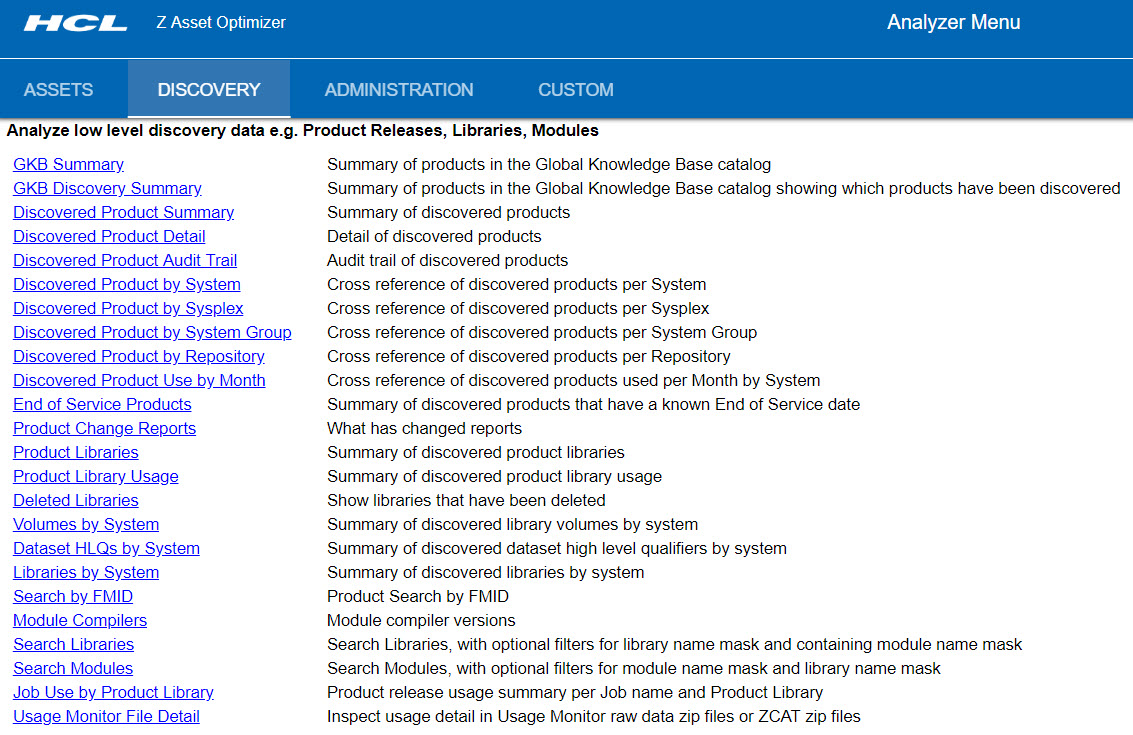 Screenshot of the Discovery tab of the Analyzer online, including links to each Discovery query.