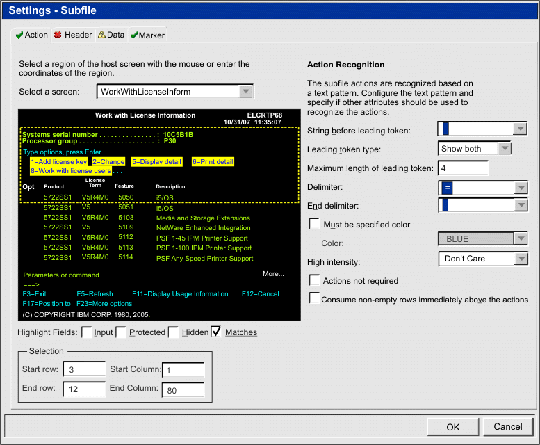 Subfile settings dialog