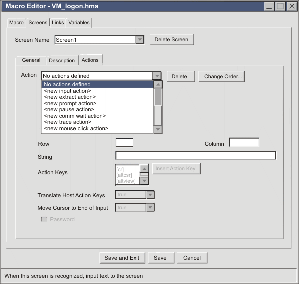 Actions tab of the Macro Editor