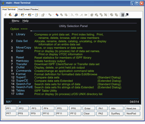 The Utility Selection Panel application screen